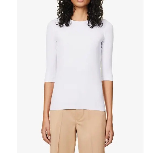 Vince Three-Quarter Sleeve Ribbed Scoopneck Stretch Knit Raw Hem Top In White Xl